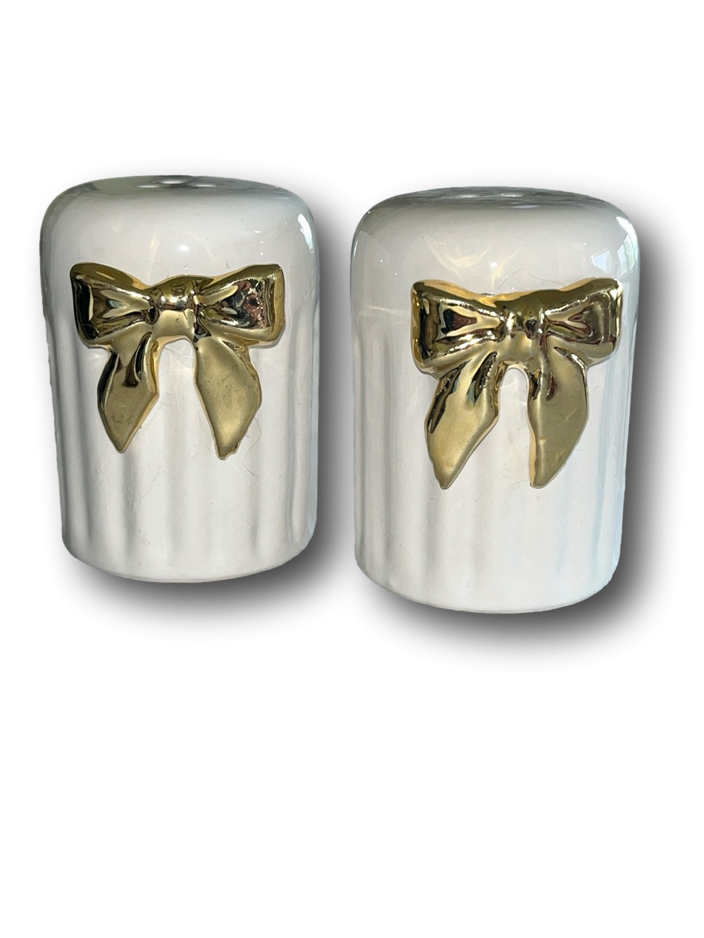 Gold Bow Embossed Ceramic Salt and Pepper Shakers